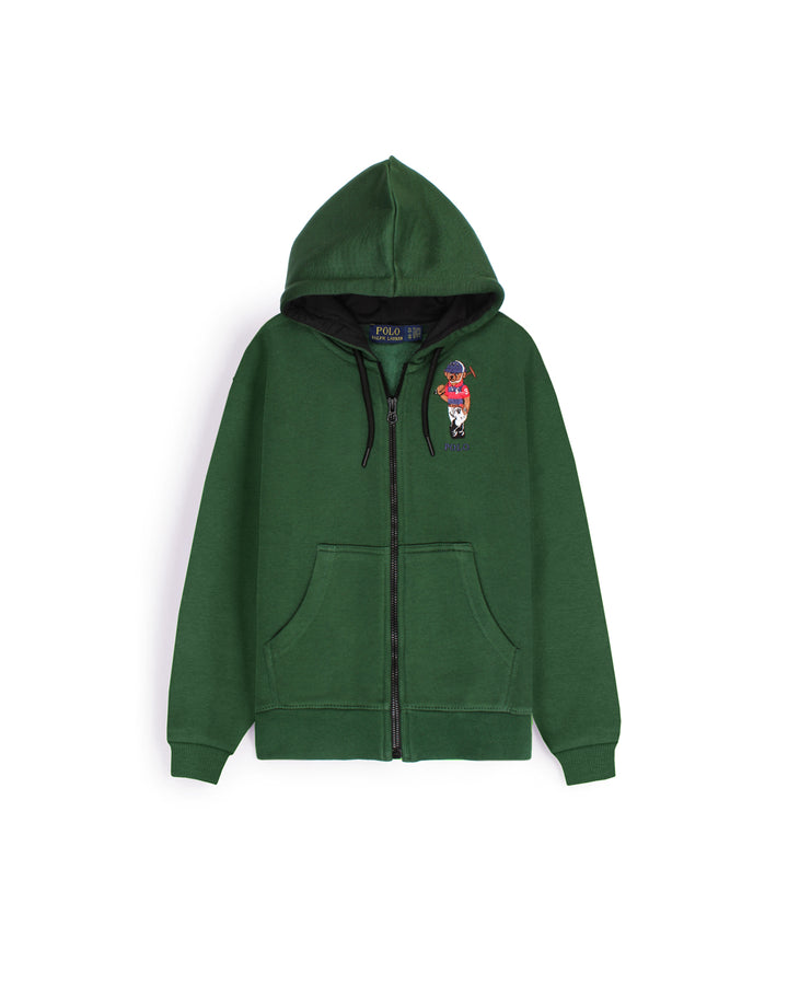 Premium Kids’ Bear Zip-Up Hoodie – Forest Green