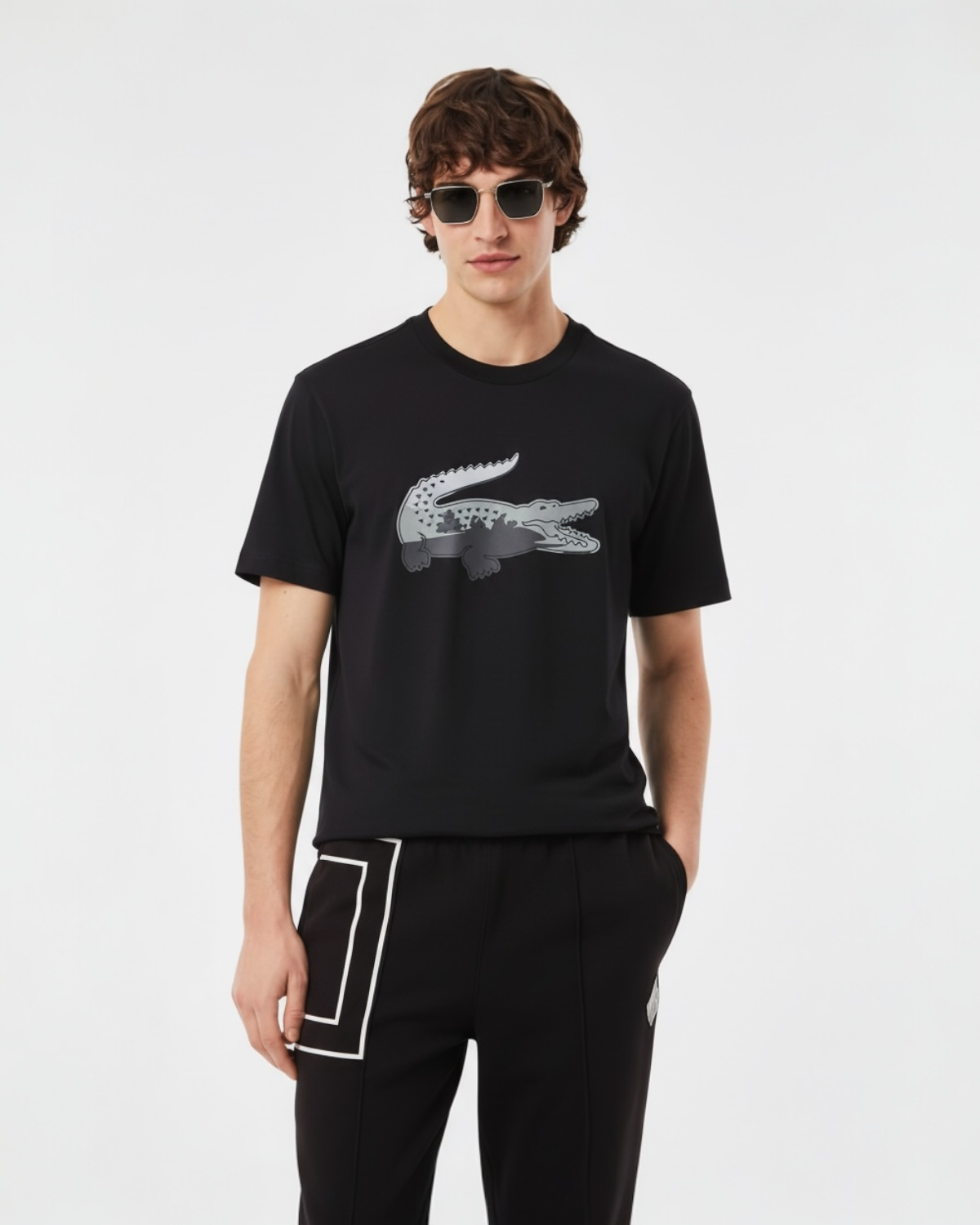 Men’s lac. Iconic Crocodile Print T Shirt - Black
