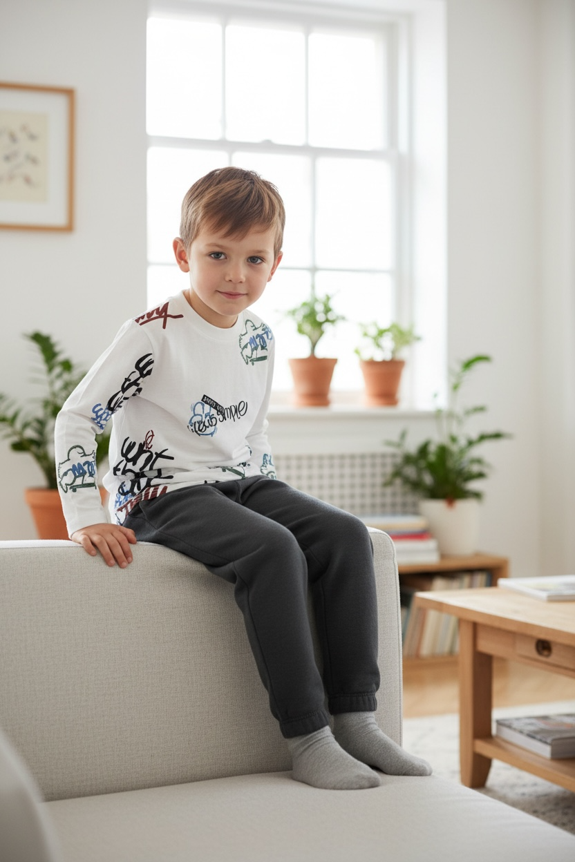 Kids Graphic Loungewear Set - White & Grey