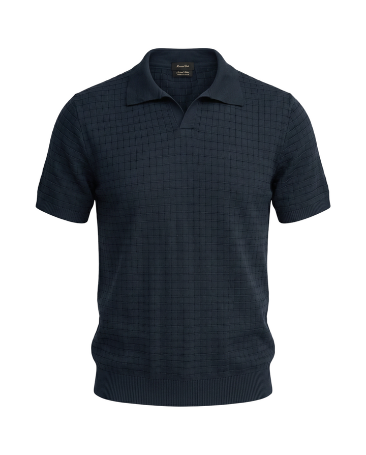 Men's Knitted Block Polo Shirt - Navy Blue