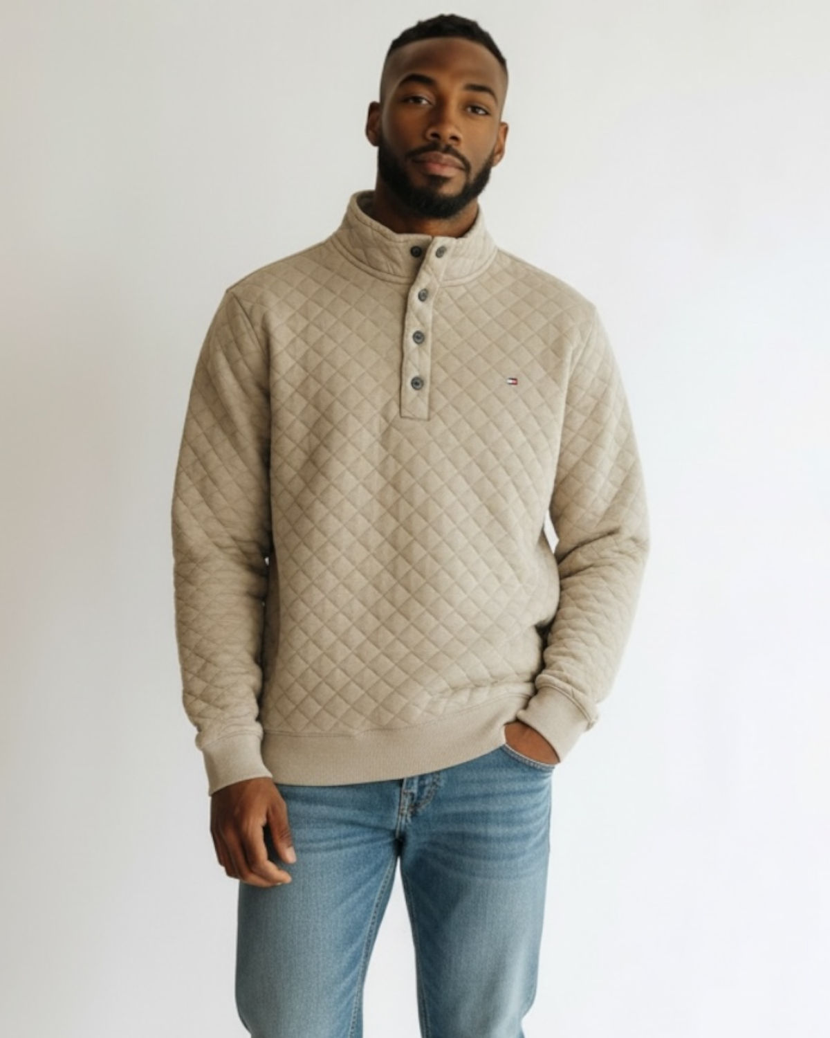 Premium TH Quilted Button Up Men's Sweat - Beige