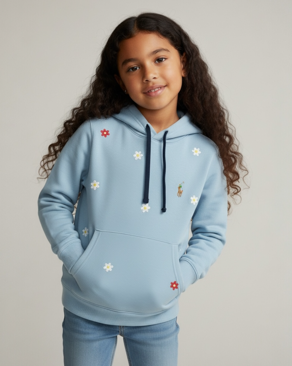 Kids Floral Embroidered Hoodie - Ice Blue