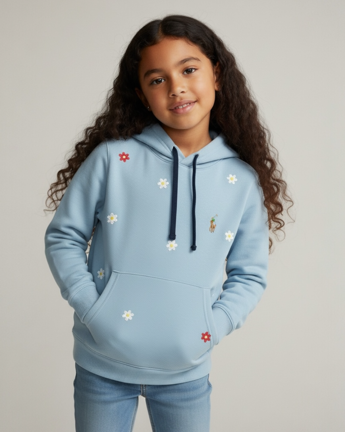 Kids Floral Embroidered Hoodie - Ice Blue