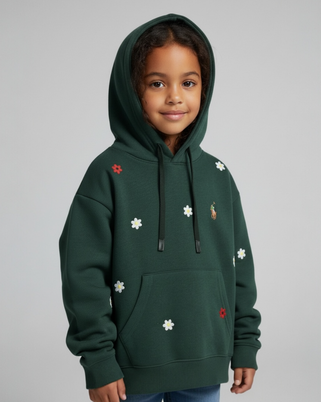 Kids Floral Embroidered Hoodie - Green