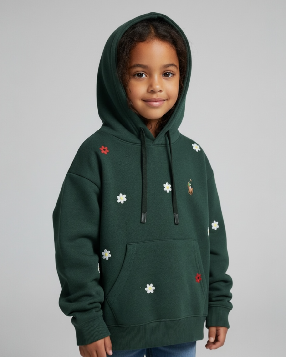 Kids Floral Embroidered Hoodie - Green